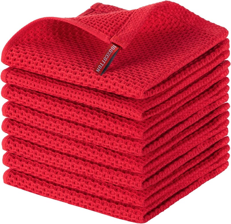 joybest Cotton Kitchen Dish Cloths, 8-Pack Waffle Weave Ultra Soft Absorbent Dish Towels Washcloths Quick Drying Dish Rags, 12x12 Inches, Red - Image 1